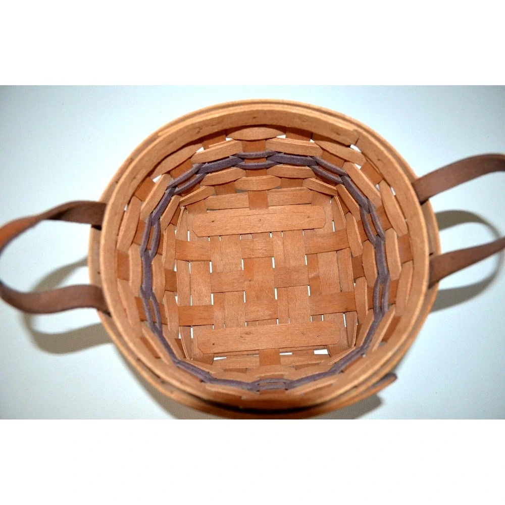 Longaberger 1992‎ Round Basket 2 Leather Handles Purple Accent Weaves